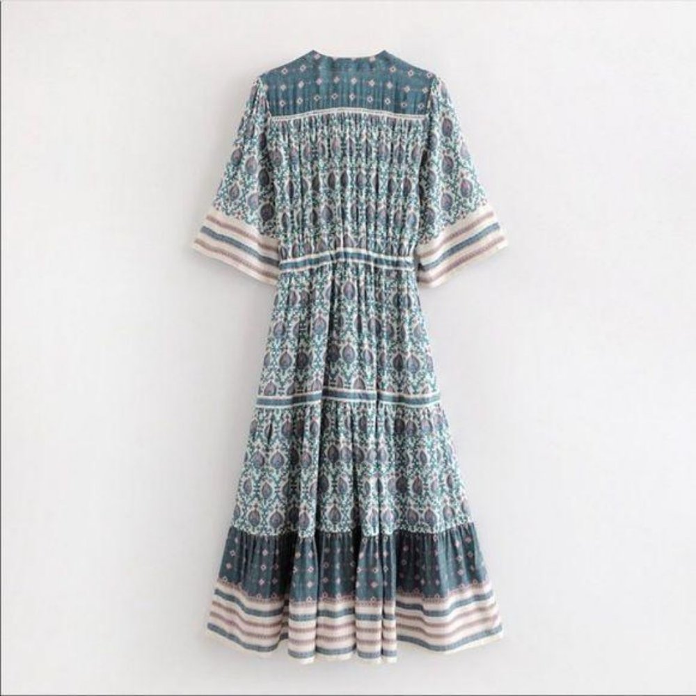 Bohemian Gypsy Print Kimono Maxi Dress Blue Cream - Picture 5 of 14